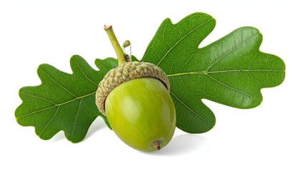 Close-up of a vibrant green acorn with cap, set against two detailed oak leaves