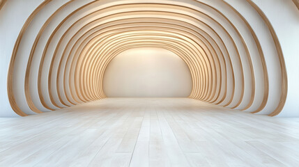 Obraz premium Light wood arch interior, bright minimal gallery space, elegant curved beams