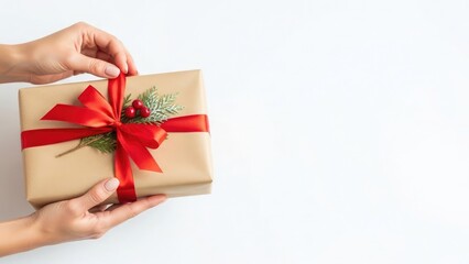 Hands carefully untying a red ribbon on a wrapped Christmas gift with festive decorations on a white background.