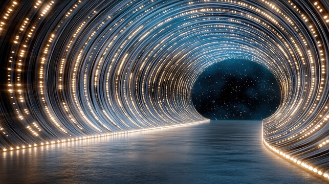 Luxurious illuminated tunnel with shimmering round lights and reflective floor evoking wonder