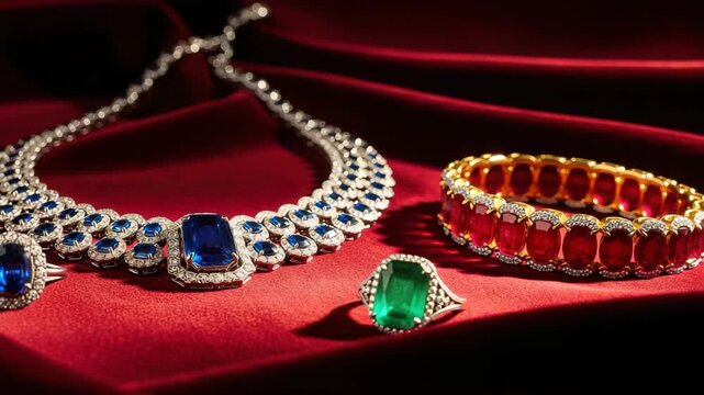 Elegant jewelry set featuring a sapphire necklace, ruby bracelet, and emerald ring on red velvet