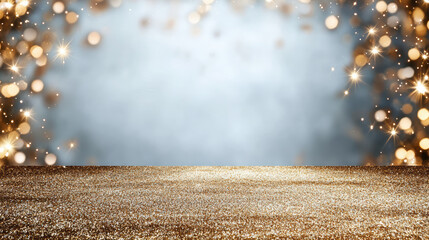 Gold glitter stage with bokeh lights and sparkling stars evoking festive luxury
