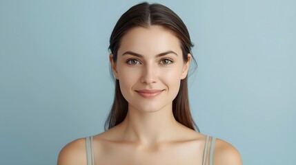 Natural beauty portrait of a young woman smiling softly, minimal makeup and clean background, calm expression and healthy fresh appearance