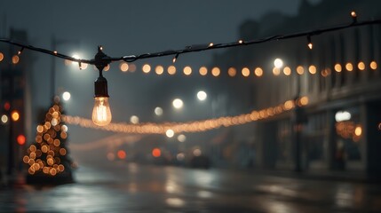 A string of Christmas lights strung between bare trees on a deserted city street at night, with one or two bulbs flickering inconsistently.