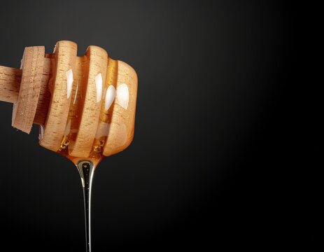 Thick golden honey dripping from a wooden dipper on black.
