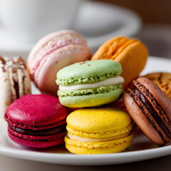 Colorful assorted macaroons arranged on a wooden table