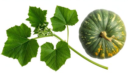 Green pumpkin with stem and leaves isolated on white background, top view