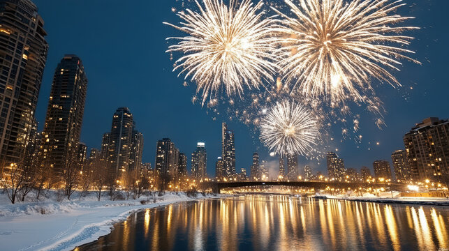 Sparkling fireworks city skyline winter river reflection festive night celebration