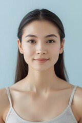 Natural beauty portrait of a young woman smiling softly, minimal makeup and clean background, calm expression and healthy fresh appearance