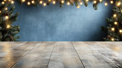 Midnight blue Christmas backdrop with warm string lights and pine garland, cozy festive scene