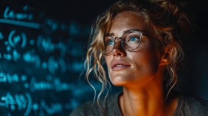 Brilliant scientist intensely studying complex equations on a dark blackboard, seeking breakthrough solutions and innovation.