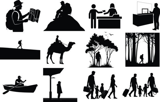 Silhouettes of people traveling and exploring different locations