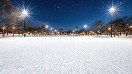 Snowy urban park at midnight under starry sky with glowing streetlights