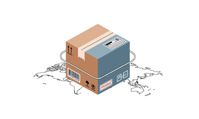 Global shipping concept with stacked cardboard boxes, worldwide delivery and export services, international logistics and freight transport solutions