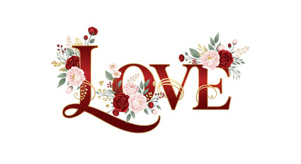 Romantic typography spelling the word Love, adorned with an exquisite bouquet of burgundy roses, lush greenery, and golden floral elements