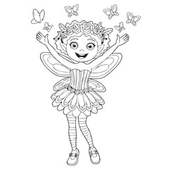 Obraz premium Charming Fairy Girl Coloring Page with Butterflies and Floral Crown for Creative Fun and Relaxation a Delightful Activity for Children and Adults Alike