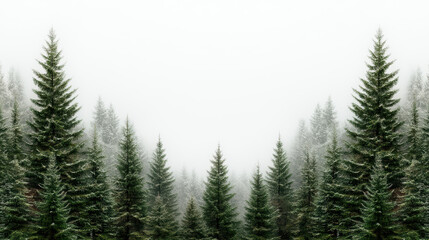 Frosted pine forest, foggy conifer grove, evergreen trees, misty fir scene
