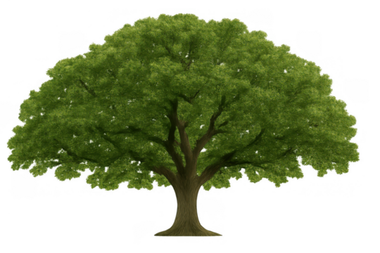 Green deciduous tree with sprawling canopy representing nature, environment, growth, and ecology on a transparent background - Powered by Adobe