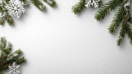 Snowflake pine branches winter frame with drifting snow and festive calm mood