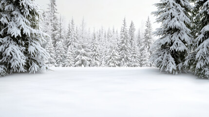Snowy pine forest snow field winter landscape evergreen tree conifer frost snow covered serene