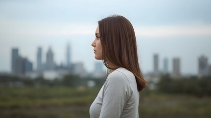 Thoughtful young woman standing outdoors in a soft cityscape background, peaceful mood and calm atmosphere with urban skyline and muted tones