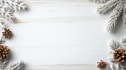 Frosted pine cone star anise border on white wood with cozy winter mood