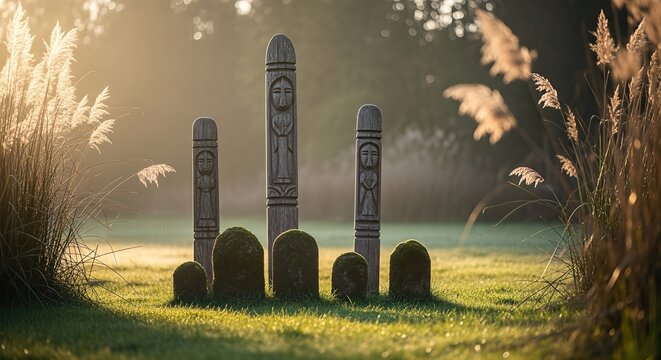 Wooden totem poles standing in a serene grassy landscape, surrounded by tall grass and soft morning light, representing ancient pagan beliefs and polytheistic faith traditions