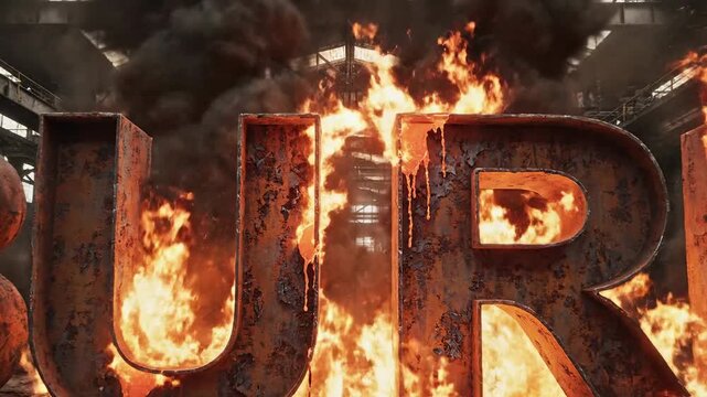 Burning Word Art in Industrial Setting with Sparks and Smoke.