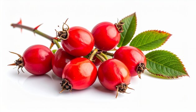 Vibrant Red Rose Hips with Green Leaves on a White Background.