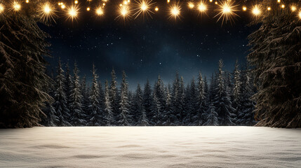 Snowy forest night moonlit snowy forest holiday lights twinkling starry sky winter