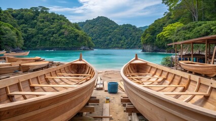 Sustainable marine destinations concept. Two wooden boats are docked by a serene beach surrounded by lush green hills and clear blue water.