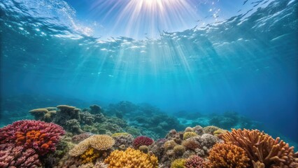 Naklejka premium Sustainable marine destinations concept. Underwater scene featuring colorful coral reefs illuminated by sunlight.