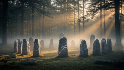 Mysterious stone circle bathed in misty morning light within an ancient forest