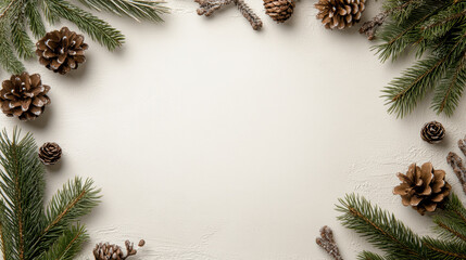 Muted beige holiday background decorated with pine cone and fir branch, cozy festive scene