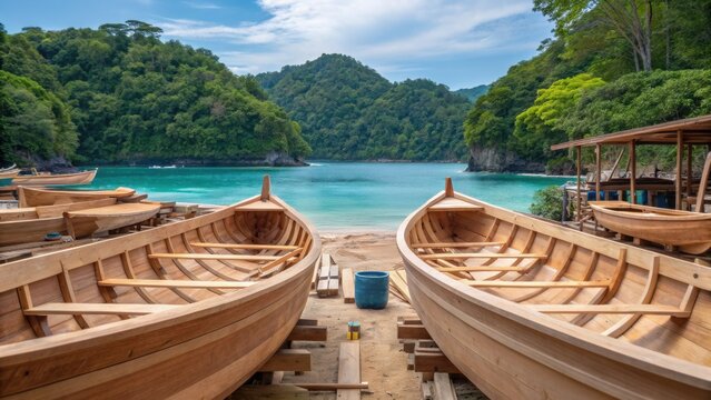Sustainable marine destinations concept. Two wooden boats are docked by a serene beach surrounded by lush green hills and clear blue water.