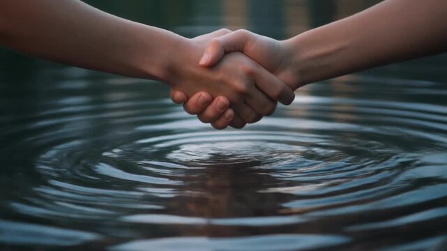 Hands touching over water with ripples &mdash; symbolic connection and unity