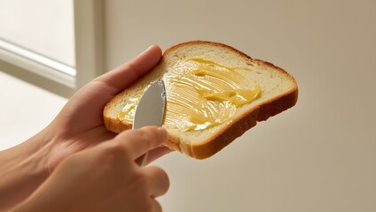 Realistic close-up of a hand spreading butter on toast under soft natural light.