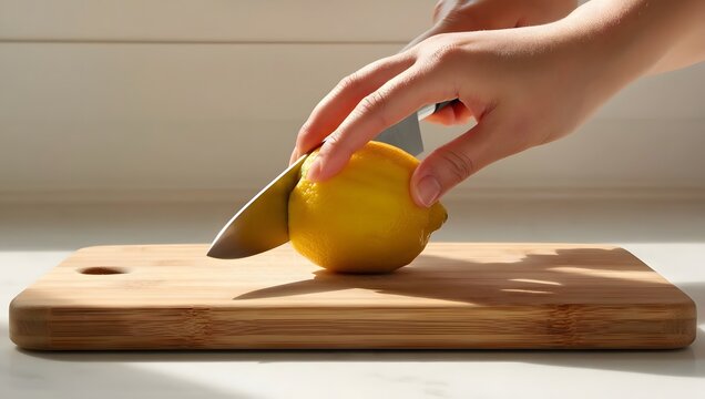 A realistic close-up of a hand slicing a lemon on a cutting board with soft natural lighting.