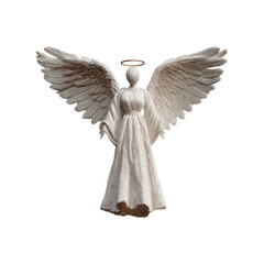 Sculptural angel with outstretched wings and a halo against a black background