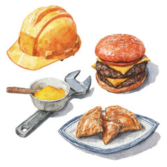 Watercolor illustration of a construction helmet, a double cheeseburger, a wrench with a bowl of spices, and empanadas on a plate, all on a black background.