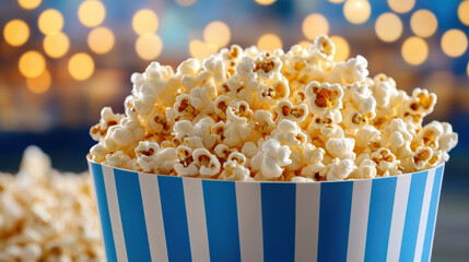 Buttery popcorn in striped tub under warm bokeh lights, festive snack delight