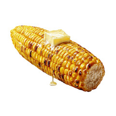 Grilled corn on the cob with melting butter and dripping juice on a black background