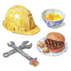 Watercolor illustrations of a hard hat, a bowl of soup, a hamburger, and wrenches on a black background.