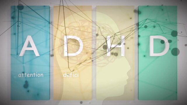 ADHD Attention Deficit Hyperactivity Disorder - neurodevelopmental disorder characterized by inattention, hyperactivity, and impulsivity. Acronym text concept animated background. Glitched head.