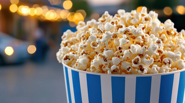 Buttery popcorn bucket popcorn snack bucket outdoor evening bokeh lights