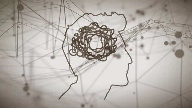 Personal growth and development. From chaos to order. Mental health concept. Metaphor of problem solving, chaos and mess, difficult situation. Human head silhouette with untangled knot