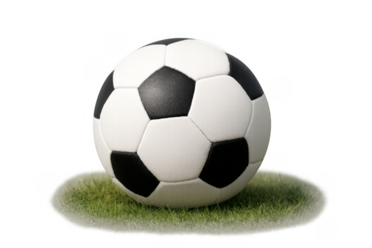 Soccer ball resting on green grass patch with transparent background, representing sport, championship, and play