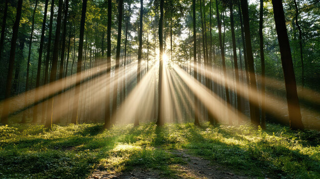 Sunlight forest rays warm gentle healing atmosphere - Powered by Adobe