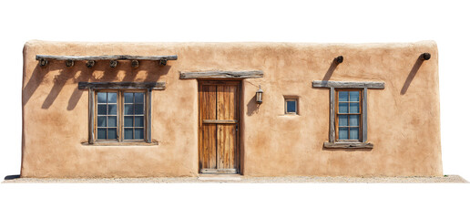Charming adobe house facade with rustic wooden door and windows