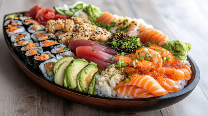 Fresh assorted sushi platter with sashimi, rolls, avocado and wasabi